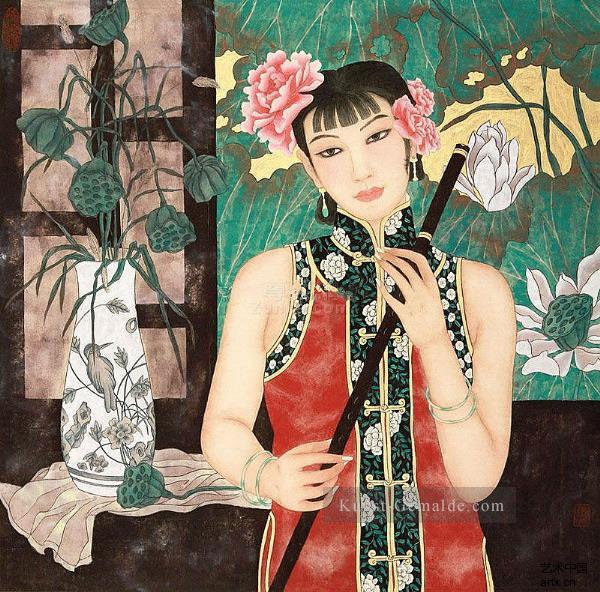 Dame und Lotus traditionellen chinesischen Ölgemälde